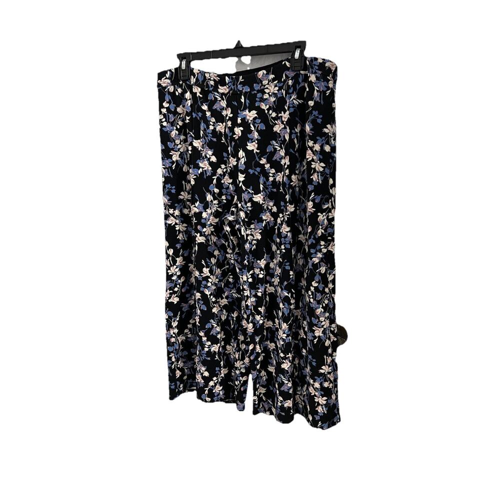 J Jill Wearever Black Floral Wide Leg Cropped Pants Pull On Jersey Knit Sz L